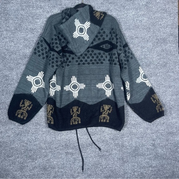 Vintage RUMINAHUI Men’s Large Blue Aztec Wool Button Hooded Cardigan Sweater - Picture 2 of 14